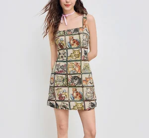 Women's Retro Vintage Midi Dress Square Collar Natural Waist Mini Casual One Size Fit Digital Printing