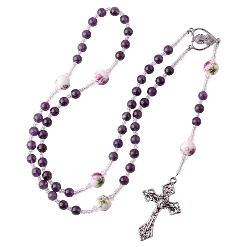 Catholic Religious Items 6mm Amethyst Beads Rosary Necklace With 10mm