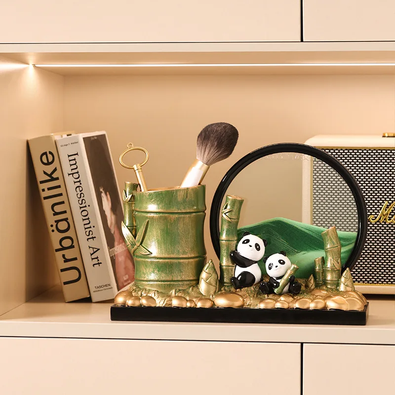 Golden Deer Figurines Panda Bamboo Pen Holder Set Modern Chinese Style Home Office Desk Decorative Ornament Collection