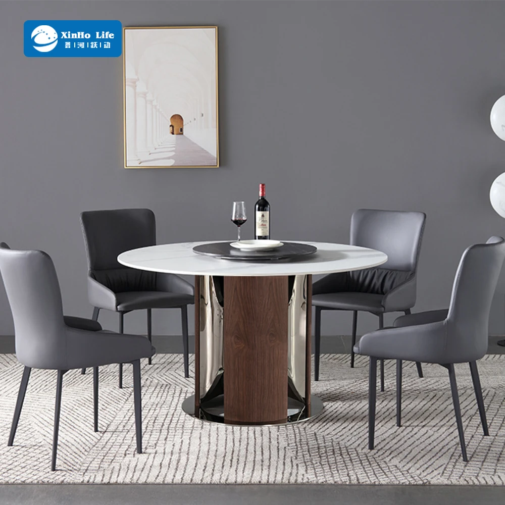 Modern Home Dining Room Furniture Double-Layer Round Table with Turntable Metal Sets & Marble Top