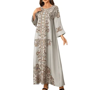 Wholesale Middle East Hot Rhinestone Nail Bead Printing Muslim Women's Robe Elegant Long Sleeve Dress