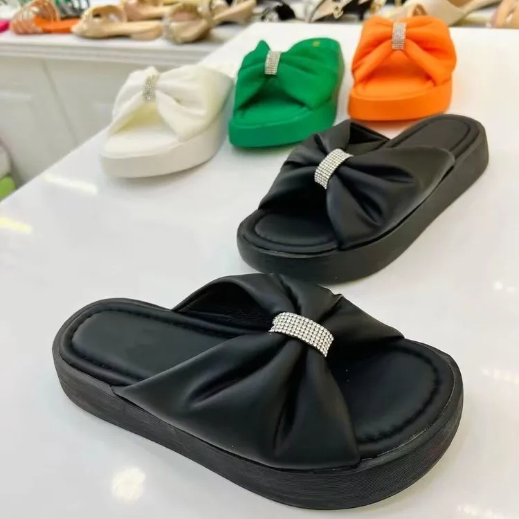New summer large size women's shoes thick sole bow sequin thick sole casual slippers for women