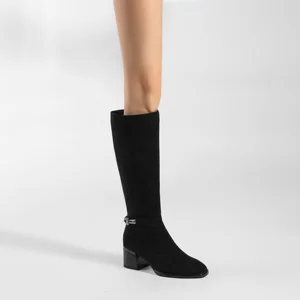 Moncheer Women's Black Faux Suede Knee-High Boots with Crystal Knot Buckle | Square Toe & Block Heel Winter Fashion Boots