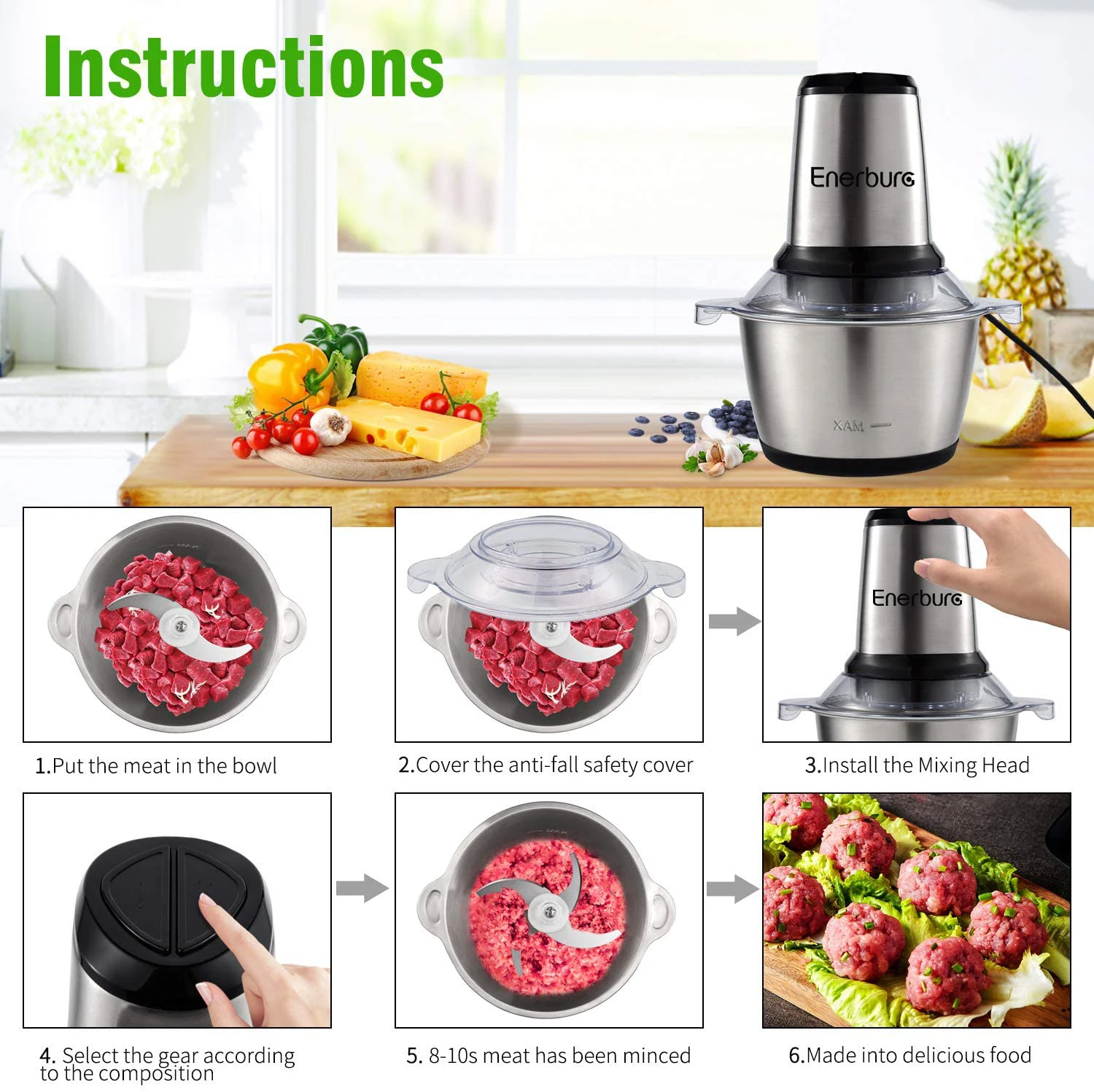 Homeasy Meat Grinder, Food Chopper 2L Stainless Steel Food Processor for  Meat, Vegetables, Fruits and Nuts, Stainless Steel Bowl and 4 Sharp Blades