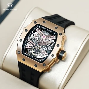 For TSAR BOMBA Luxury Men's Automatic Rectangle Clock Sapphire Tonneau Wristwatch Fashion Skeleton Mechanical Watches Miyota