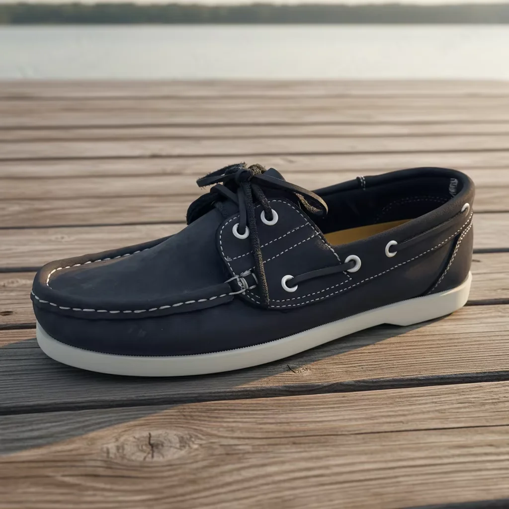 HY, Serie Premium, diseño de dos ojales, zapatos casuales tipo penny sin rozaduras para el pie, zapatos náuticos azul oscuro para ocio diario, con costura artesanal, modelo HSW068