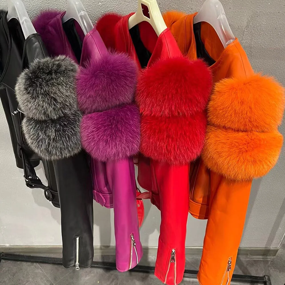 STRAWBERRY New Arrive Design Short Style Leather Fur Jacket Warm Fox Fur Coat for Women