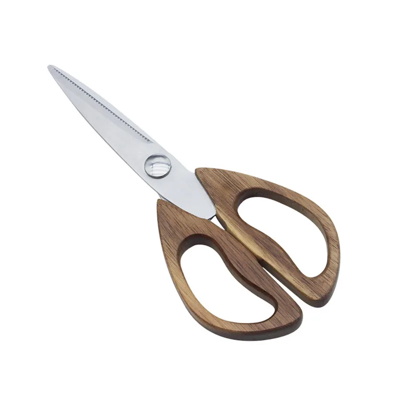 Customized Kitchen Stainless Steel Scissors Wooden Handle Strong Multifunctional Barbecue Chicken Bone Shear for Household Use