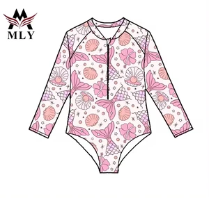 MLY New Trends Kids Swimsuit Long Sleeve Stretch Quick Dry One Piece Swimwear Floral Print Custom Jewelry Crystal Button