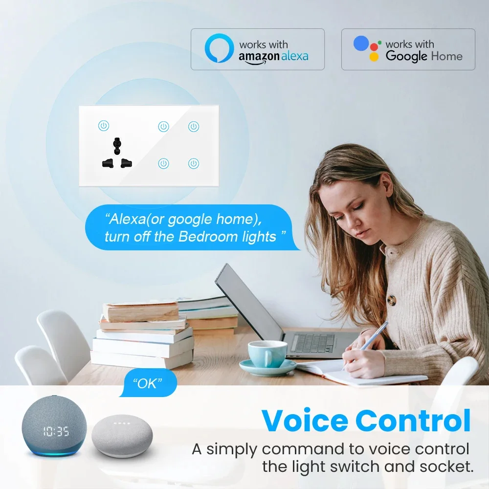 Smart WIFI 4Gang 1Way Wireless Touch Switch With 3Pn Electrical Multi Function Wall WIFI Socket with Alexa Google Home
