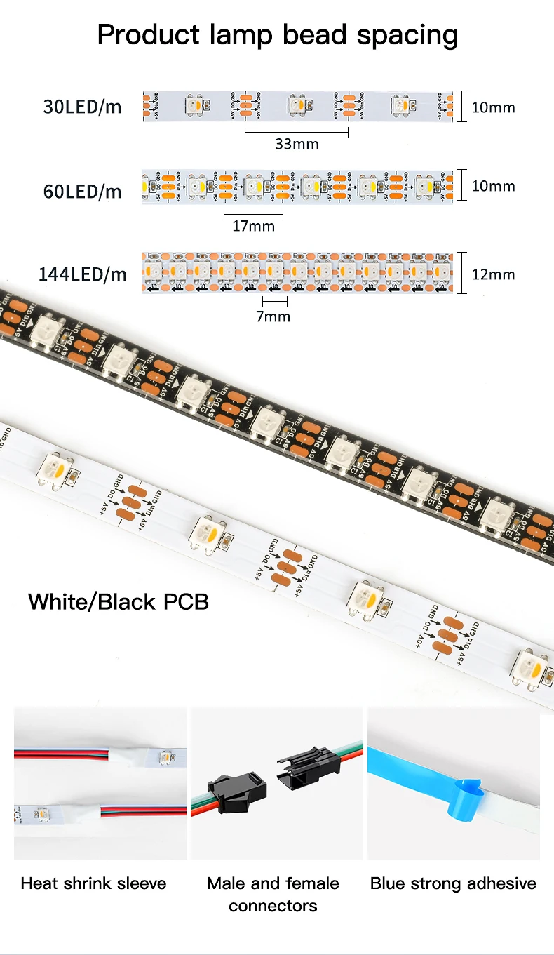 DC5V WS2812B Individually Addressable Led Strip 30/60/100/144 Leds/m Black/White PCB IP30/65/67 Smart RGBIC Led Light 1M To 5M