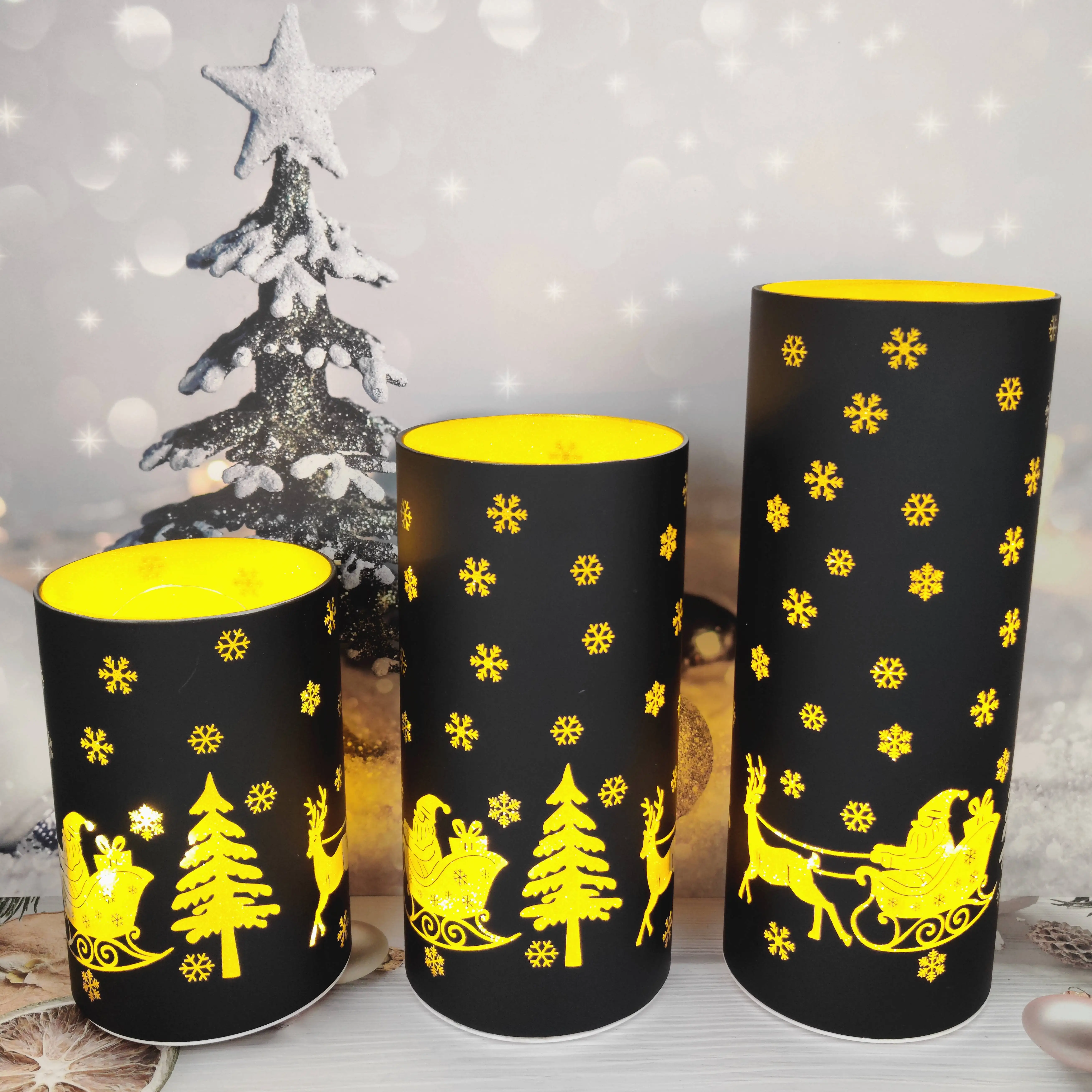 New design laser engraved black led glass Christmas cylinder table ornaments decoration supplies