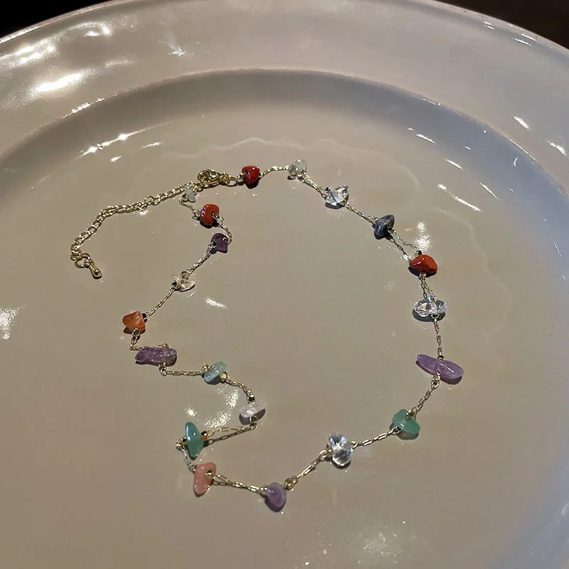 Rinhoo Delicate Colorful Natural Stone Choker Necklace Simple Link Chain Cute Women Girl Fashion Summer Necklaces