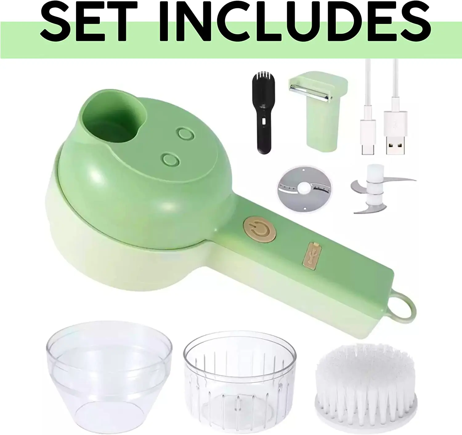 4-in-1 Portable Electric Vegetable Cutter Set: A wireless food processor with stainless steel blades, designed for effortless chopping of garlic, chili pepper, onion, ginger, celery, and meat. Streamline your kitchen prep with this versatile and innovative culinary tool