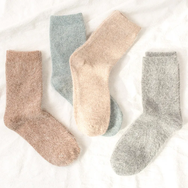 2025 New Style Solid Color Warm Socks Angora Rabbit Wool Socks Women's Thickened Wool Winter Tube Socks