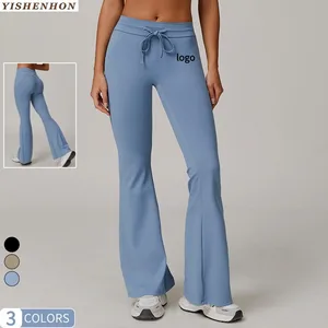For YISHENHON Women's High-Waisted Anti-UV Yoga Leggings Bell-Bottom Sports Pants Drawstring Solid Breathable Cool Feeling Flare
