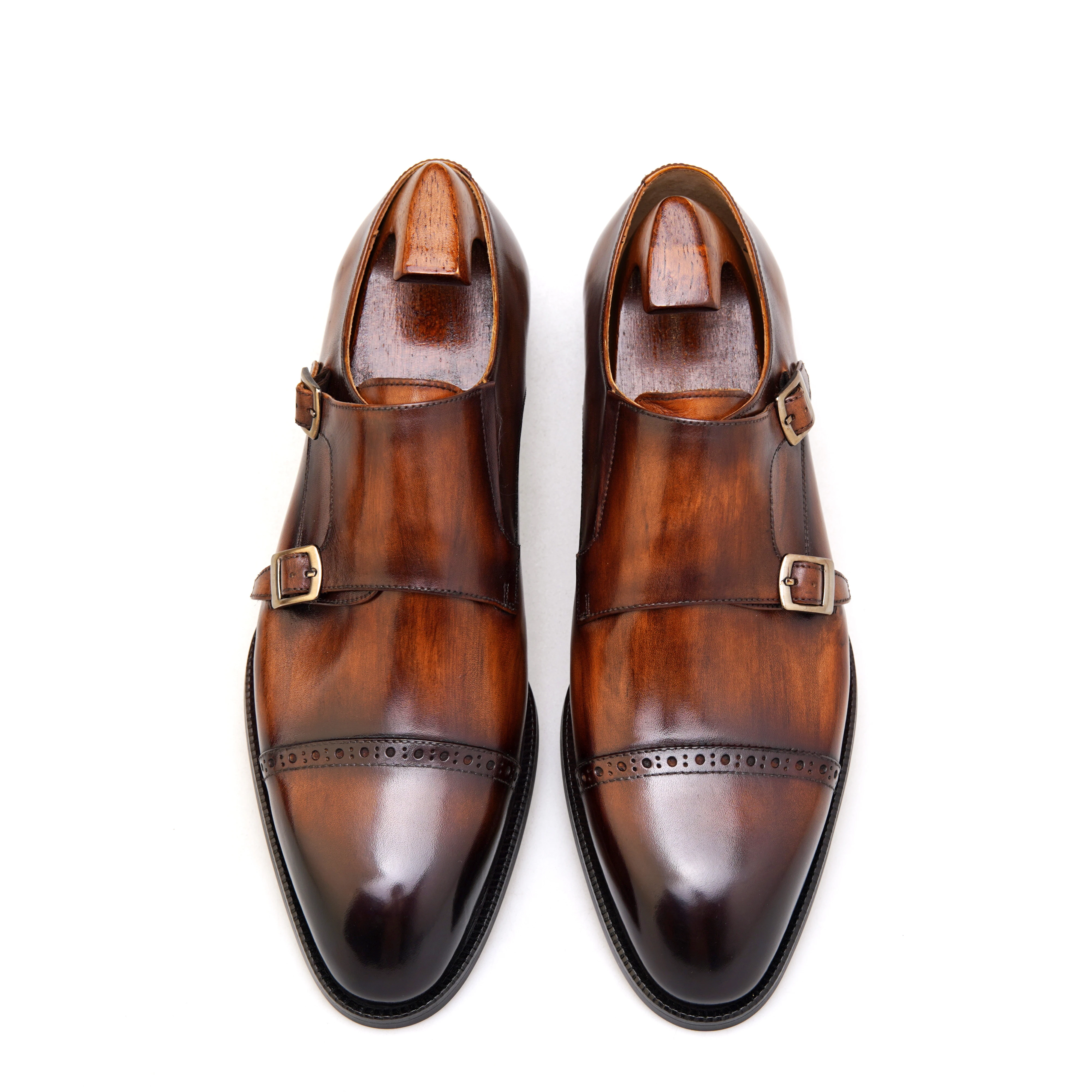 Classic Leather Men's Double Buckle Monk Strap Brogue Shoes