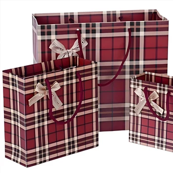 Creative Checkered Corporate Gift Bags Wholesale Paper Gift Bags with Bow Recycling Printing Custom Birthday Return Gift Bags