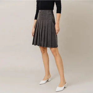 Clothing Manufacturer Custom Spring Autumn Gray High Waist Stretch Wash Elegant Casual Women Denim Pleated Mini Skirt