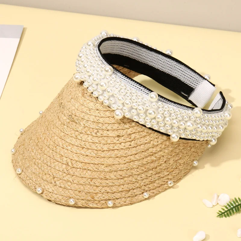 Luxury Raffia Straw Visor Hat Pearl 
