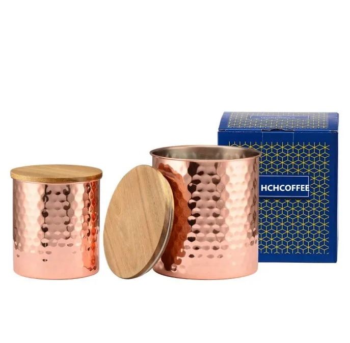 Sample Available Copper Canisters Coffee Containers Set of Sugar Food Storage Jars With Airtight Wooden Lid for Kitchen Counter