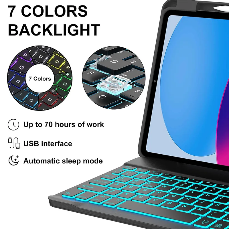 product case with keyboard mouse for ipad air 13 inch  color rainbowbacklight detachable usb c keyboard pu magnetic case withpen slot-6