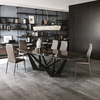 Minimalistic Luxury Modern Rectangular Marble Top Stainless Steel Italian Full Dining Table Set For Dinning Room