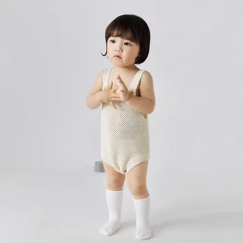 Summer Cotton Infant Baby Jumpsuit White Knitted Strap Button Full Moon Design Newborn Crawling Suit Vest Baby Romper