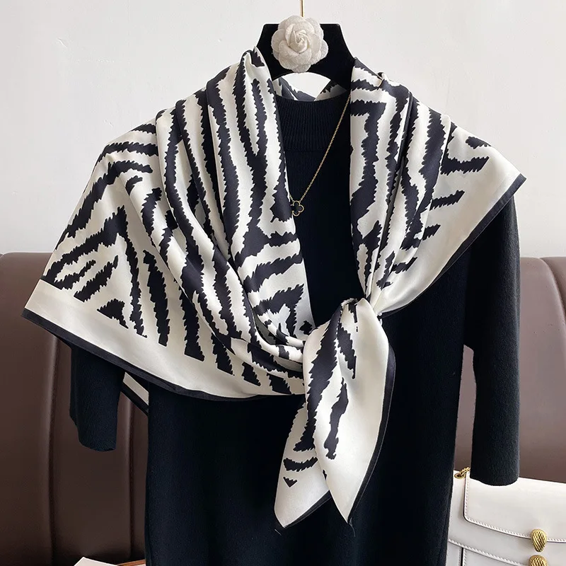 Spring Summer High Quality 90x90cm Animal Zebra Pattern Printed Women Silk Hair Scarf Ladies Silk Square Head Scarf Hijabs