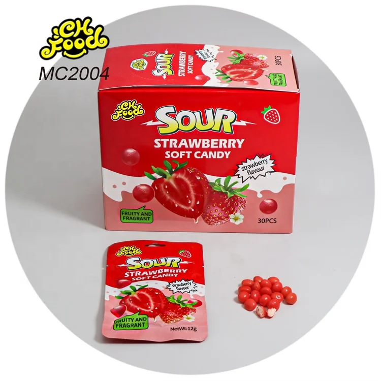 Wholesale and OEM Crispy Sugar Coated Sour Strawberry Soft Chewy Candy Halal Milk Candy Sweet Snack Food