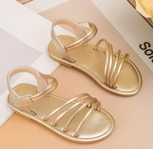 BSCI/Smeta/Sedex/Higg/GRS Factory Wholesale Customized Logo Kids Girl Casual Gold Beach Sandals Webbing Strapped Custom Designs