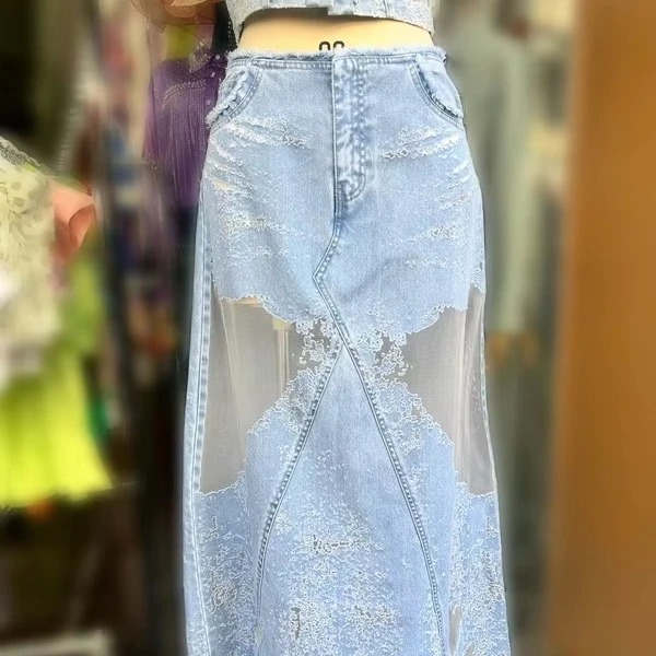 Ladies A-line Denim Bust Dress Asymmetric Flower Burning Process Cute Streetwear Button Waist For Summer Spring Autumn Party - Image 1
