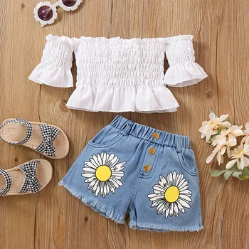 2022 Kids Baby Girl Boutique Off Shoulder Pleated Tops Denim Sunflower Denim Shorts Summer Clothing Suit