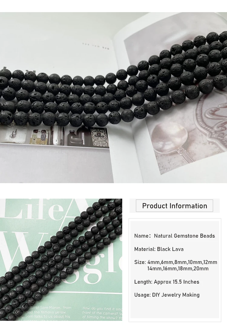 Black Lava Round Beads 15 Strand Natural Gemstone Beads for Necklace Bracelet Making 4mm 6mm 8mm 10mm 12mm Bead Size Options