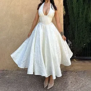 OUDINA Elegant Summer High-grade Lace-up Halter Neck Pattern Dress Floor-Length Evening Party Lady Dress for Women