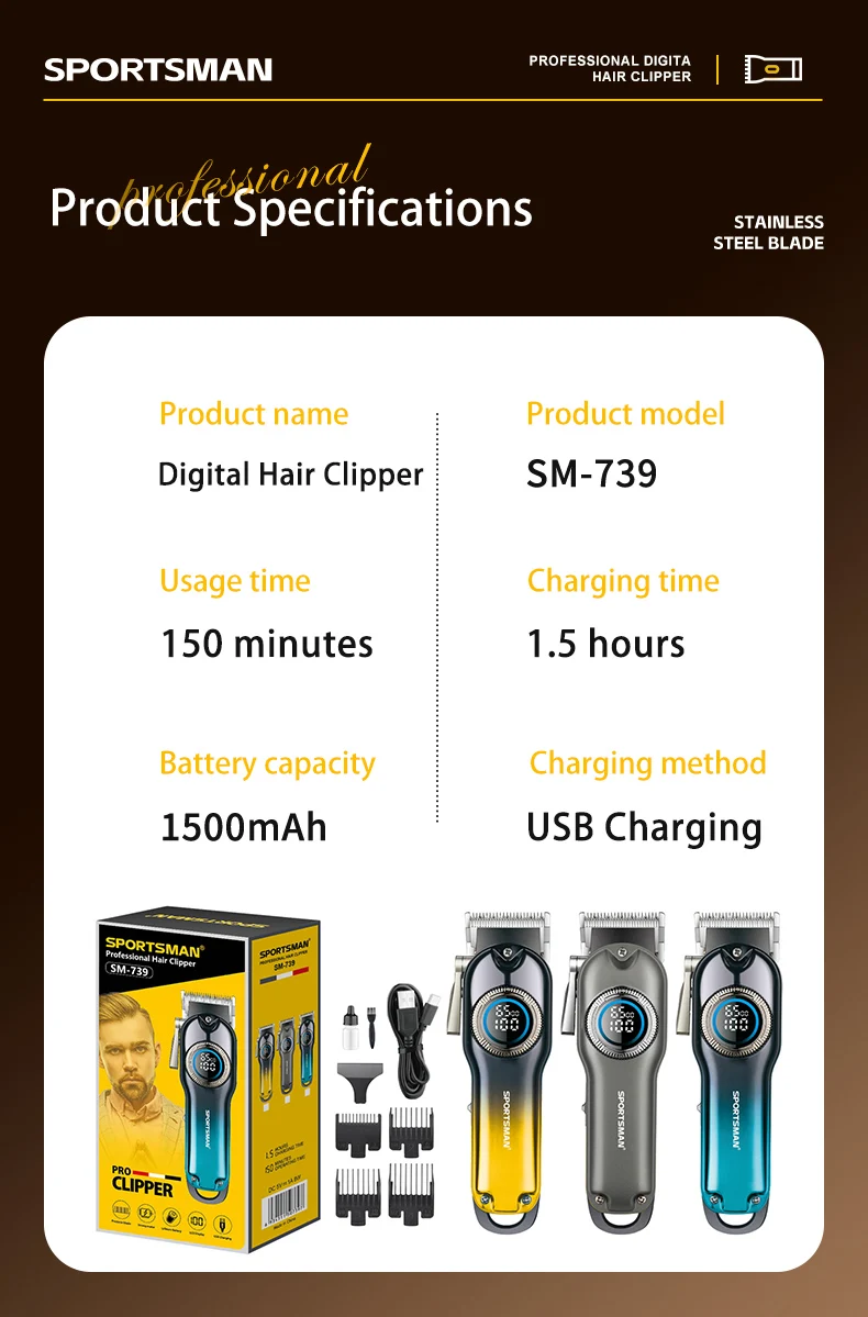 SPORTSMAN Professional Salon Electric Hair for Stainless Steel Blades LCD Display Long Runtime Heat-Resistant Blades-DIY