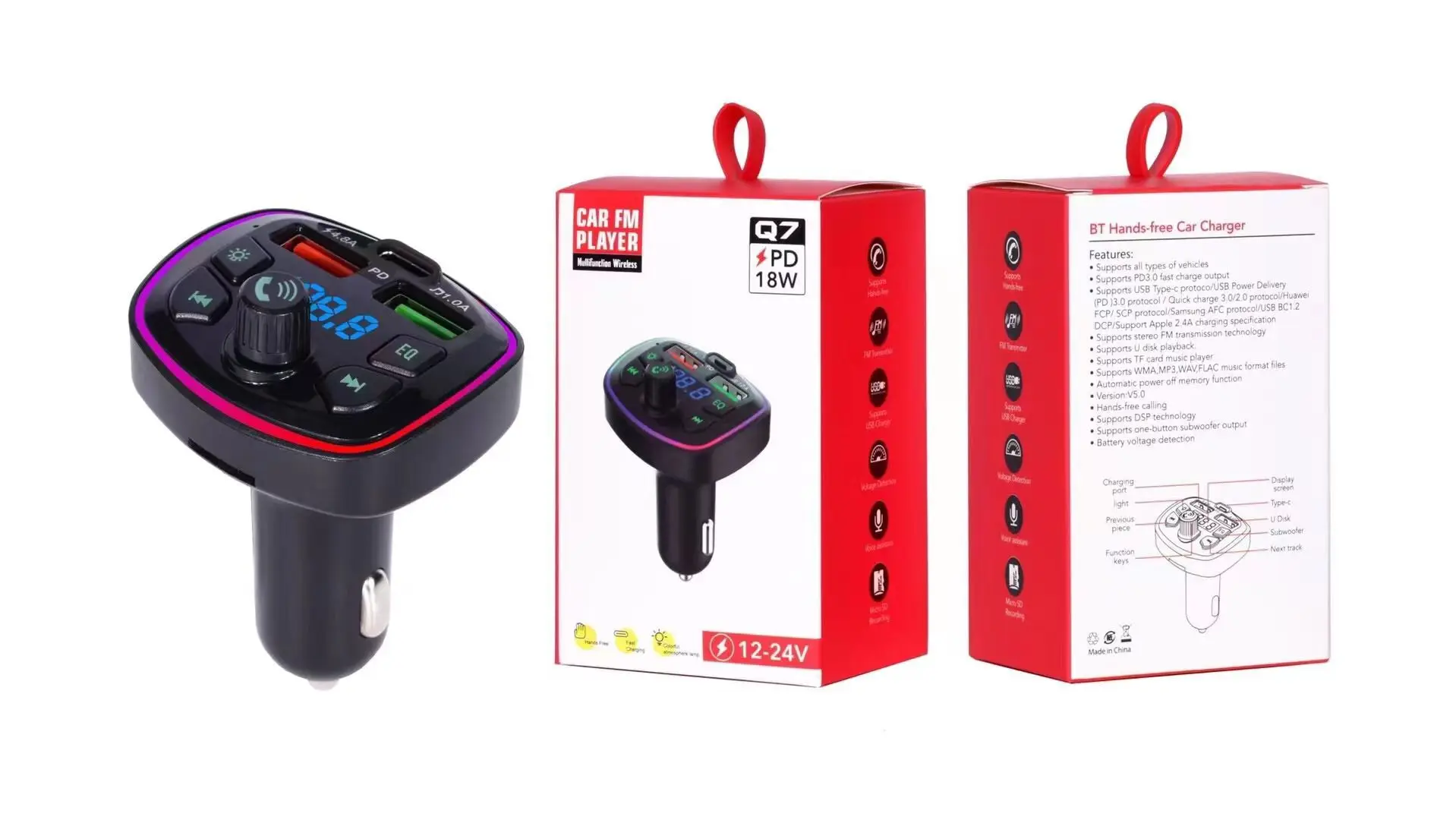 Car Pd Fast Charge Dual Usb Port Phone Charger Bt5.0 Bluetoothmp3