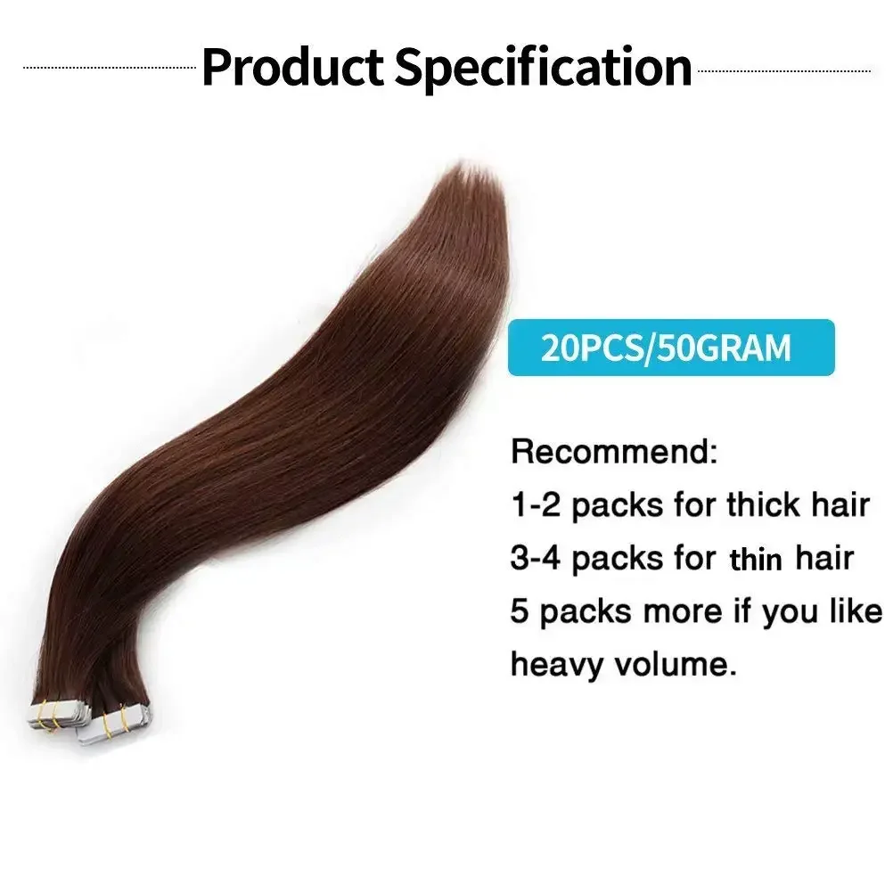 Taśma do przedłużania włosów Remy Human Hair #4 Czekoladowy brąz Bezszwowa taśma do przedłużeń skóry Ludzkie włosy_voghion.com