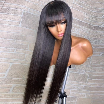 Cuticle Brazilian Virgin Hair Silky Straight Wigs Pre Plucked Lace Front Human Hair Wigs with Bangs Natural Black Hair