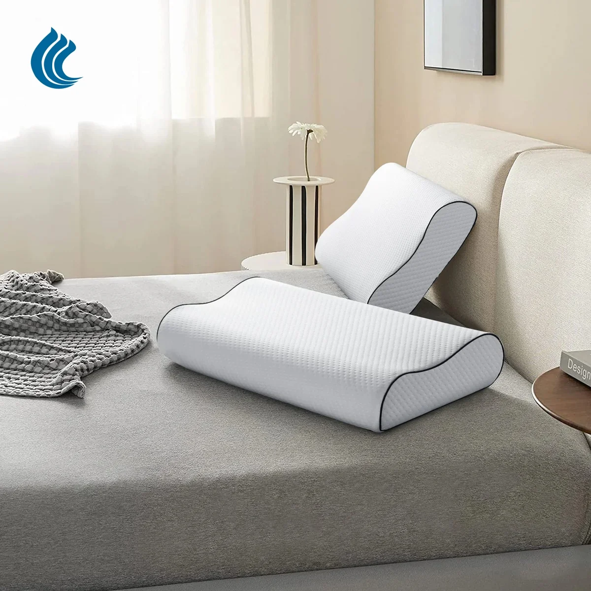 60x40cm Cover 10/12cm Height White Contour Memory Foam Orthopedic Sleeping Pillow for Side Back and Stomach Sleepers
