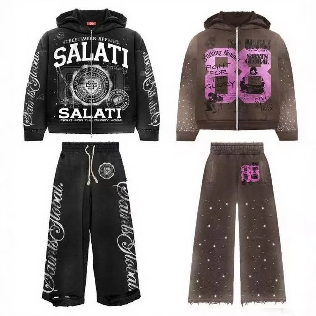 SALATI Winter Streetwear Sweatsuits Sets Custom Vintage Washed Thick Cotton Men Two Piece Sweatpants Hoodie Sets Tracksuit Set gallery 7