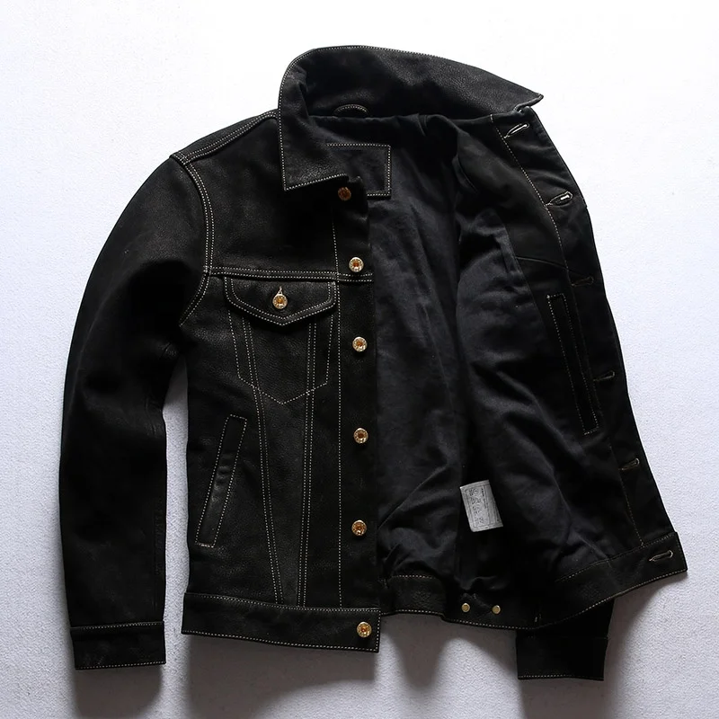 Turn-down Collar Men Cowhide Jacket Frosted Oil Wax Factory Direct Supply Casual Denim Leather Coat_voghion.com
