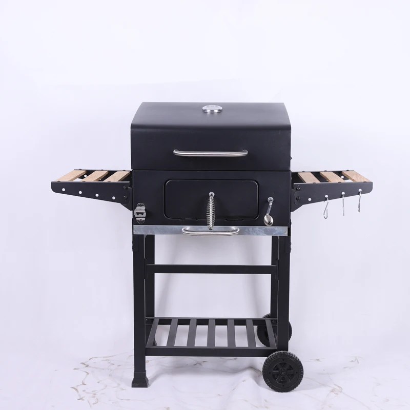 Big Barbecue Black Outdoor Meat Smoker Square Large Charcoal Trolley Bbq Grill With Side Table supplier