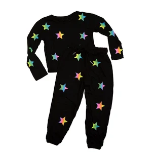 Stylish Girl Clothing Set Gradient Stars Printing Black Long Sleeves Summer T Shirt Set