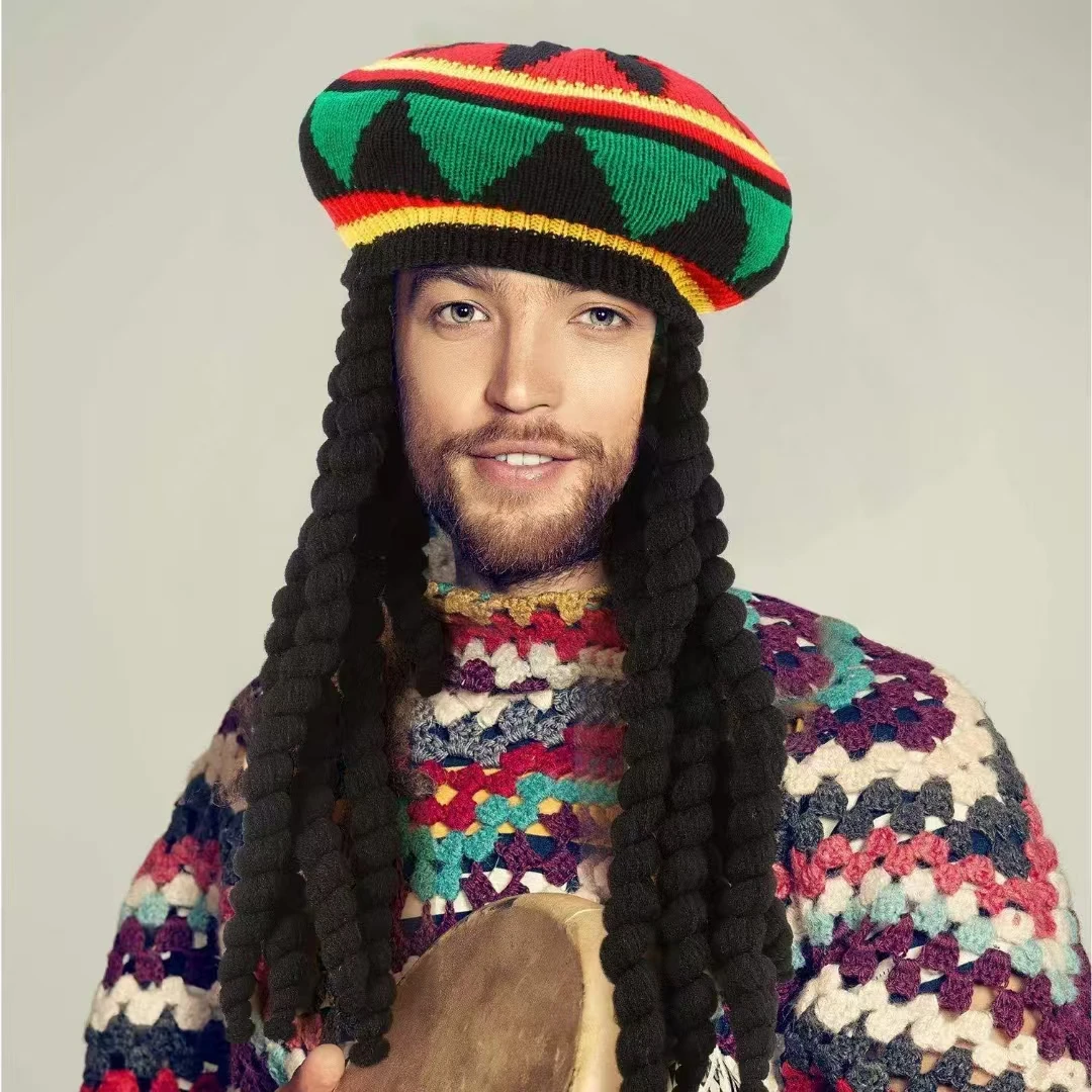 Vibrant Rasta Reggae Knitted Hat with Faux Braids Tam display picture 1
