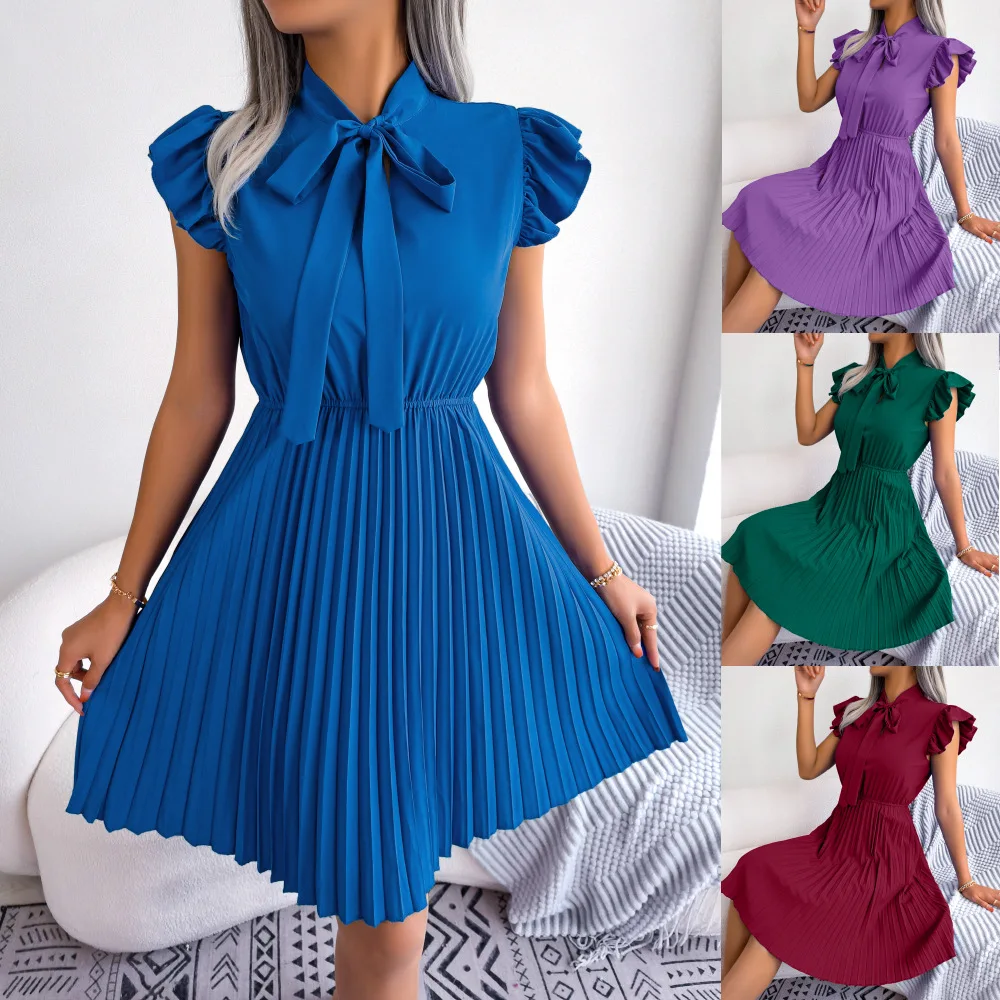 2023 New Women Spring Summer Elegant Lace Up High Waist Large Fold Dress  Ladies Bow Collar Solid Color Pleated Dresses| Alibaba.com