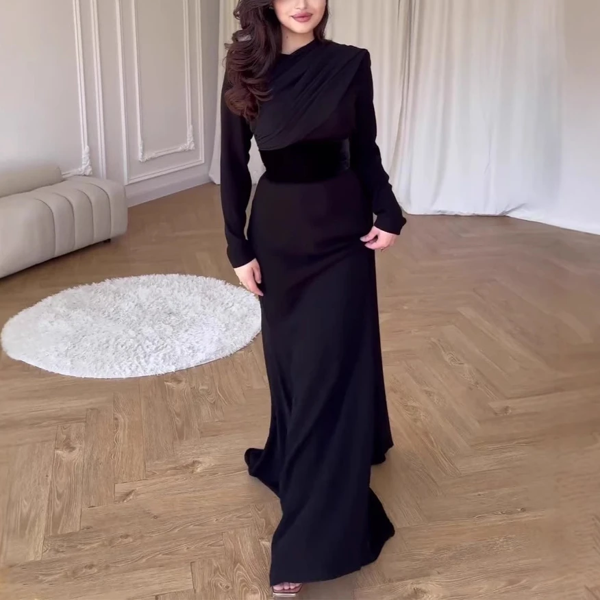Occasion Formal Saudi Arabia Black Dress Jersey Floor Length Long Sleeves with Pleat Customized Women Gowns New Evening Dress Occasion Formal Saudi Arabia Black Dress Jersey Floor Length Long Sleeves with Pleat Customized Women Gowns New Evening Dress