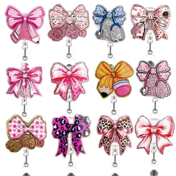Glitter Color Printed Bow Series Badge Holder Acrylic Medical Bowknot Stethoscope Design Retractable Nurse Badge Reel
