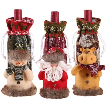 Christmas Cartoon Santa Claus Snowman Plush Doll Knit Wine Bottle Gift Bags with Drawstring for Party Table Decor