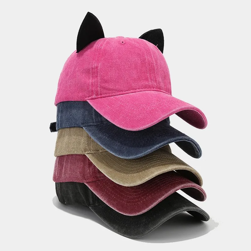 New Original Distressed Dad Hat With Lovely Cat Ear Baseball Cap for Women Vintage Washed Denim Bunny Ear Baseball Cap Gorras